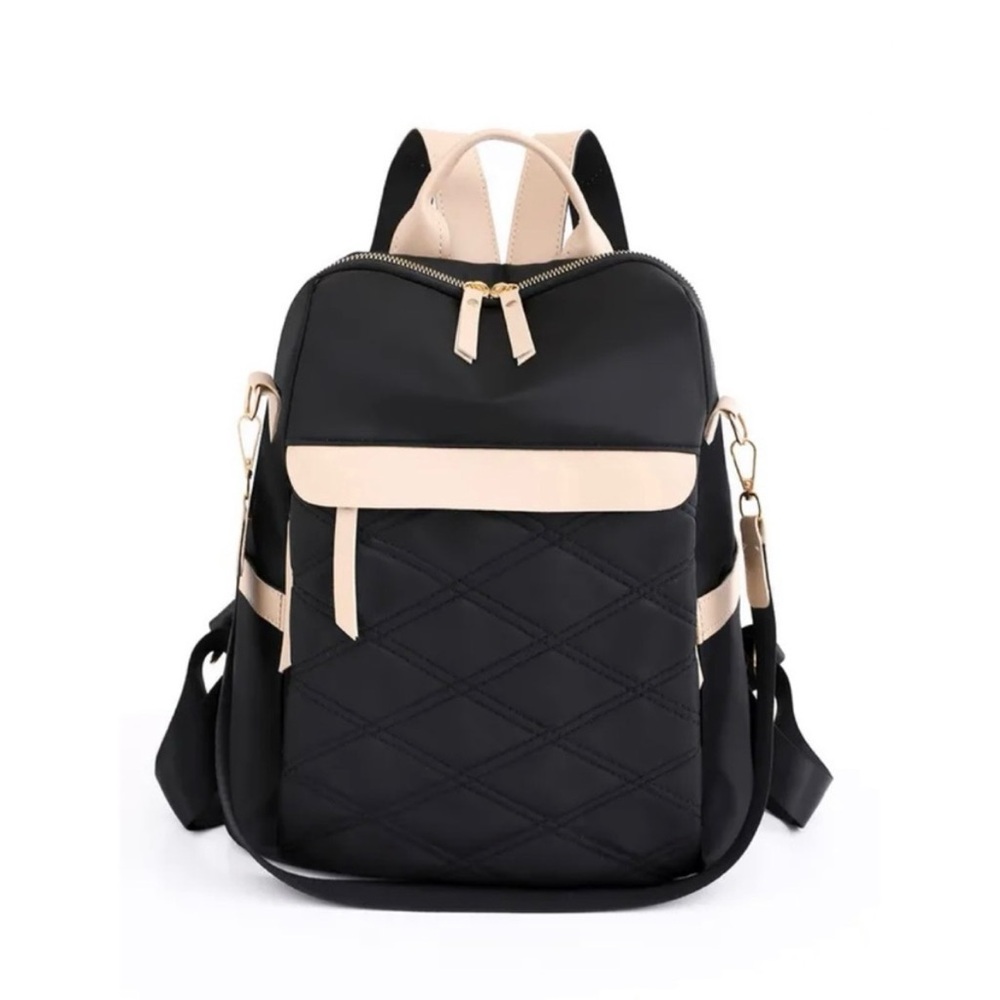 Lightweight Anti-theft Black & Khaki Quilted Backpack